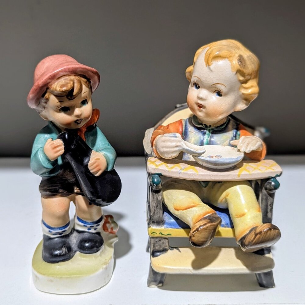 Pair of Vintage “Made in Japan” Ceramic Figurines – Hummel Style Children, 1950s
